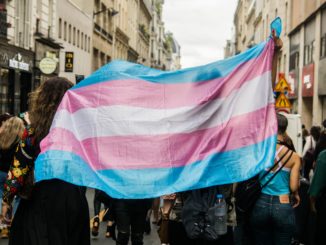 Le drapeau trans brandi lors d'un rassemblement